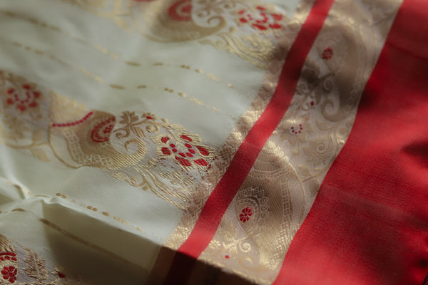 White and Red Silk Saree (Handwoven Bengal Gorod Saree)