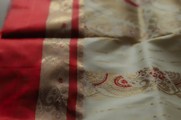 White and Red Silk Saree (Handwoven Bengal Gorod Saree)