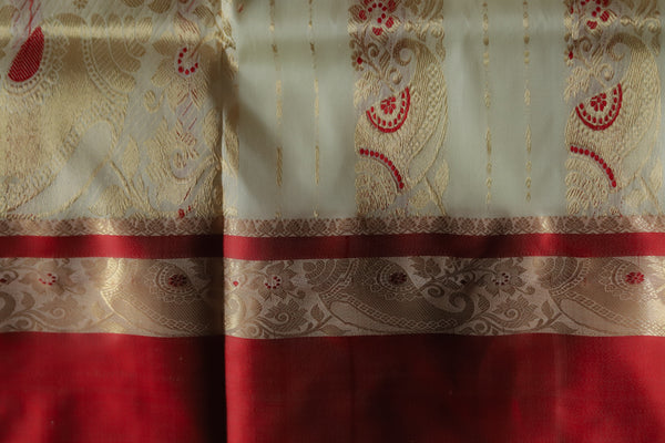 White and Red Silk Saree (Handwoven Bengal Gorod Saree)