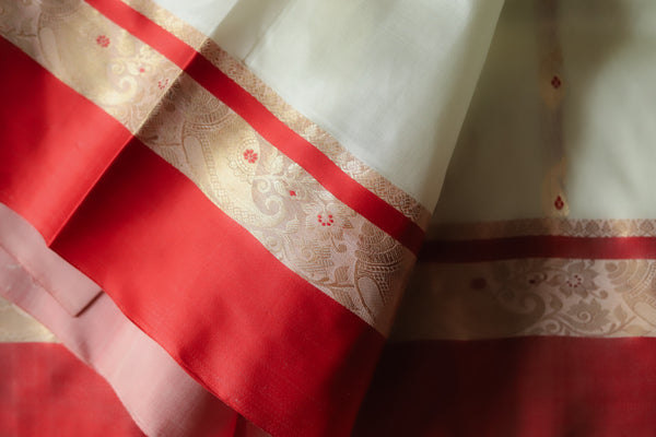 White and Red Silk Saree (Handwoven Bengal Gorod Saree)