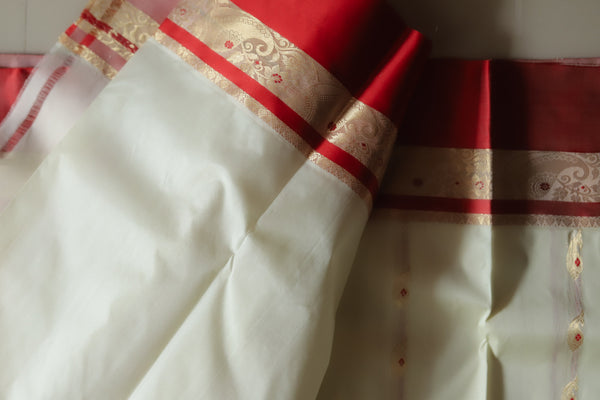 White and Red Silk Saree (Handwoven Bengal Gorod Saree)