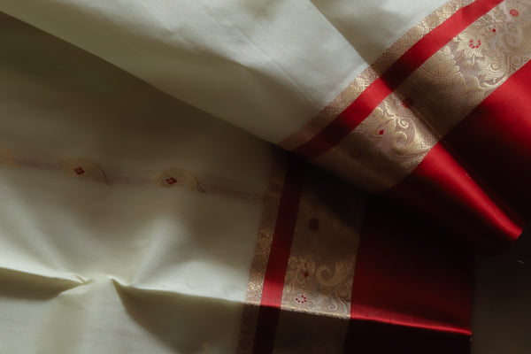 White and Red Silk Saree (Handwoven Bengal Gorod Saree)