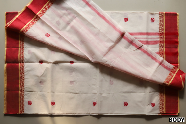 Handwoven Bengal White and Red Cotton Saree (Tangail/ Tant Soft Saree)