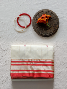 White and Red Silk Saree (Handwoven Bengal Gorod Saree)