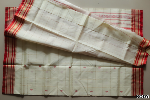 White and Red Silk Saree (Handwoven Bengal Gorod Saree)