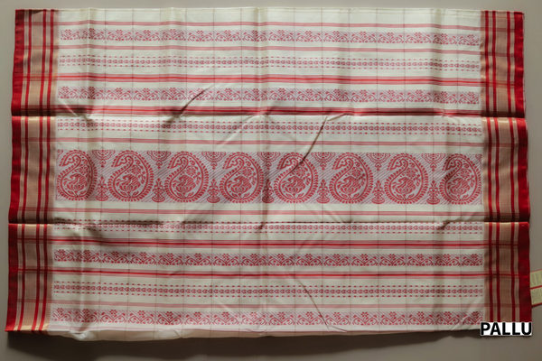 White and Red Silk Saree (Handwoven Bengal Gorod Saree)