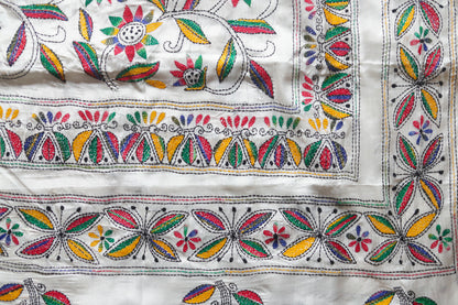 kantha Embroidered saree with colorful floral and leaf patterns on a white background