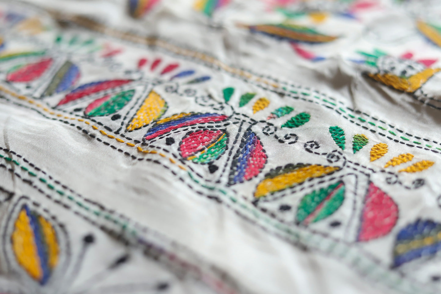 Close-up of kantha embroidered saree  with colorful patterns on a white background