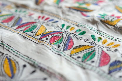 Close-up of kantha embroidered saree  with colorful patterns on a white background