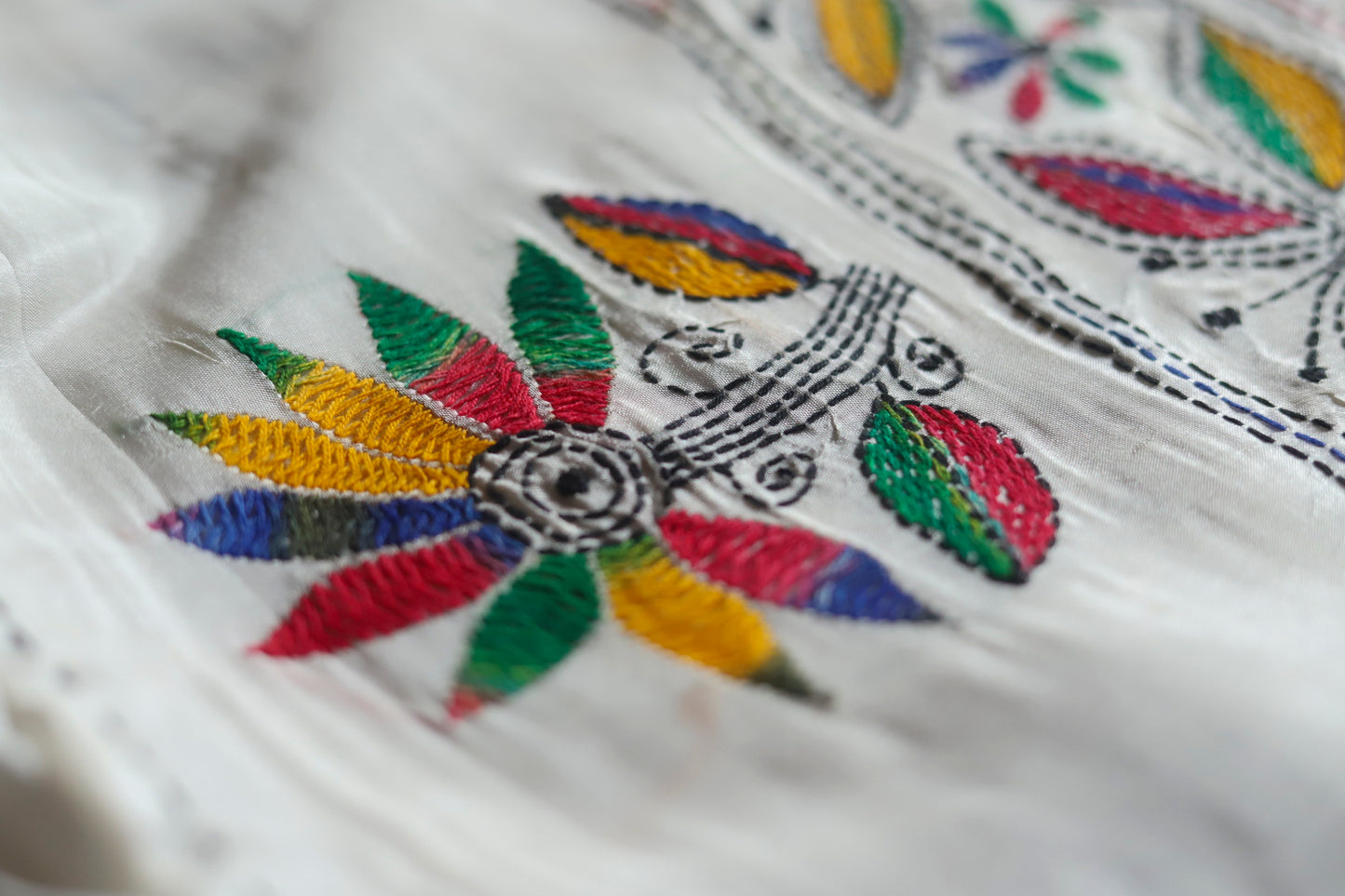 Close-up of kantha embroidered saree with colorful patterns on a white background