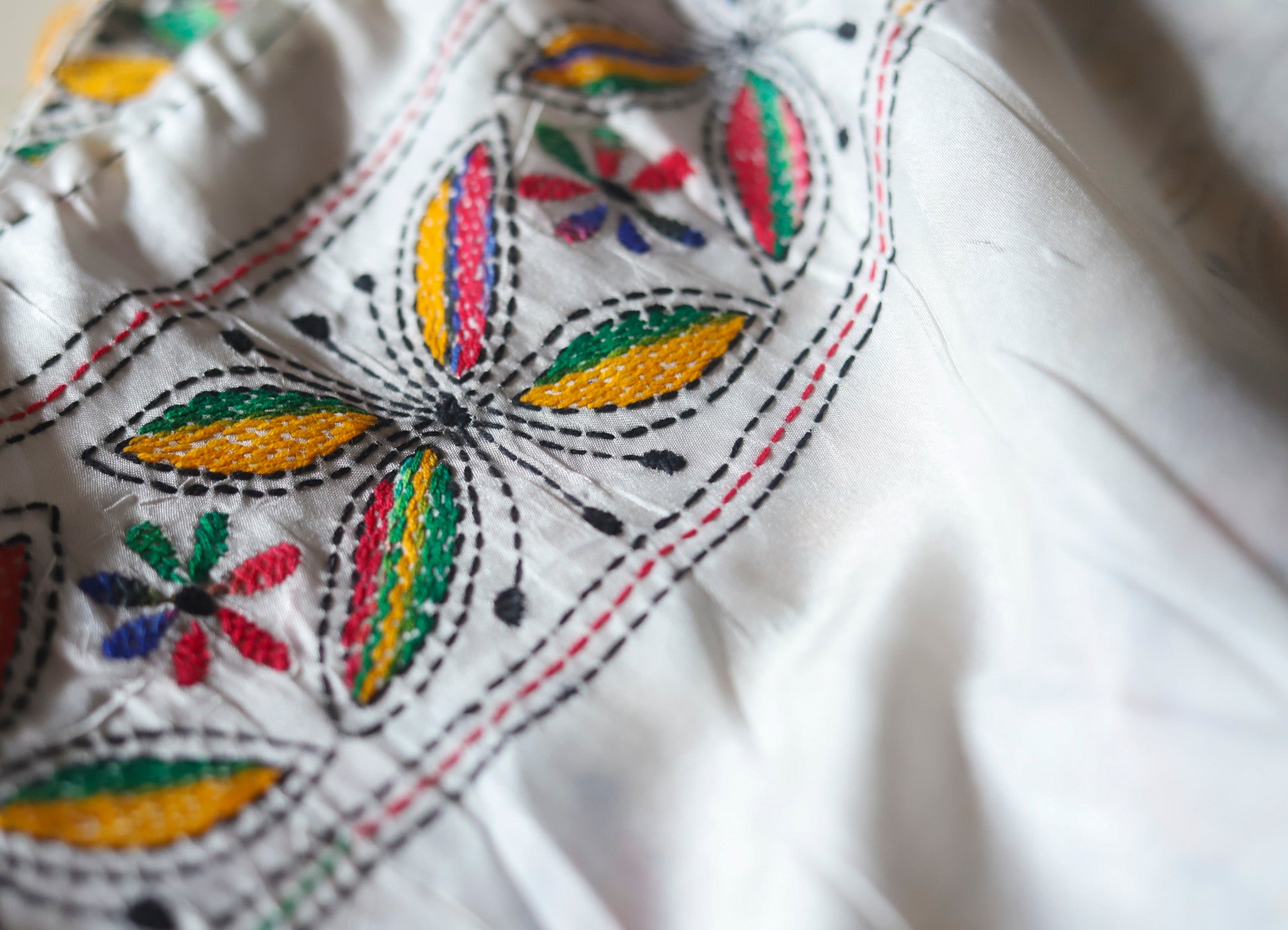 Close-up of kantha embroidered saree  with colorful patterns on a white background