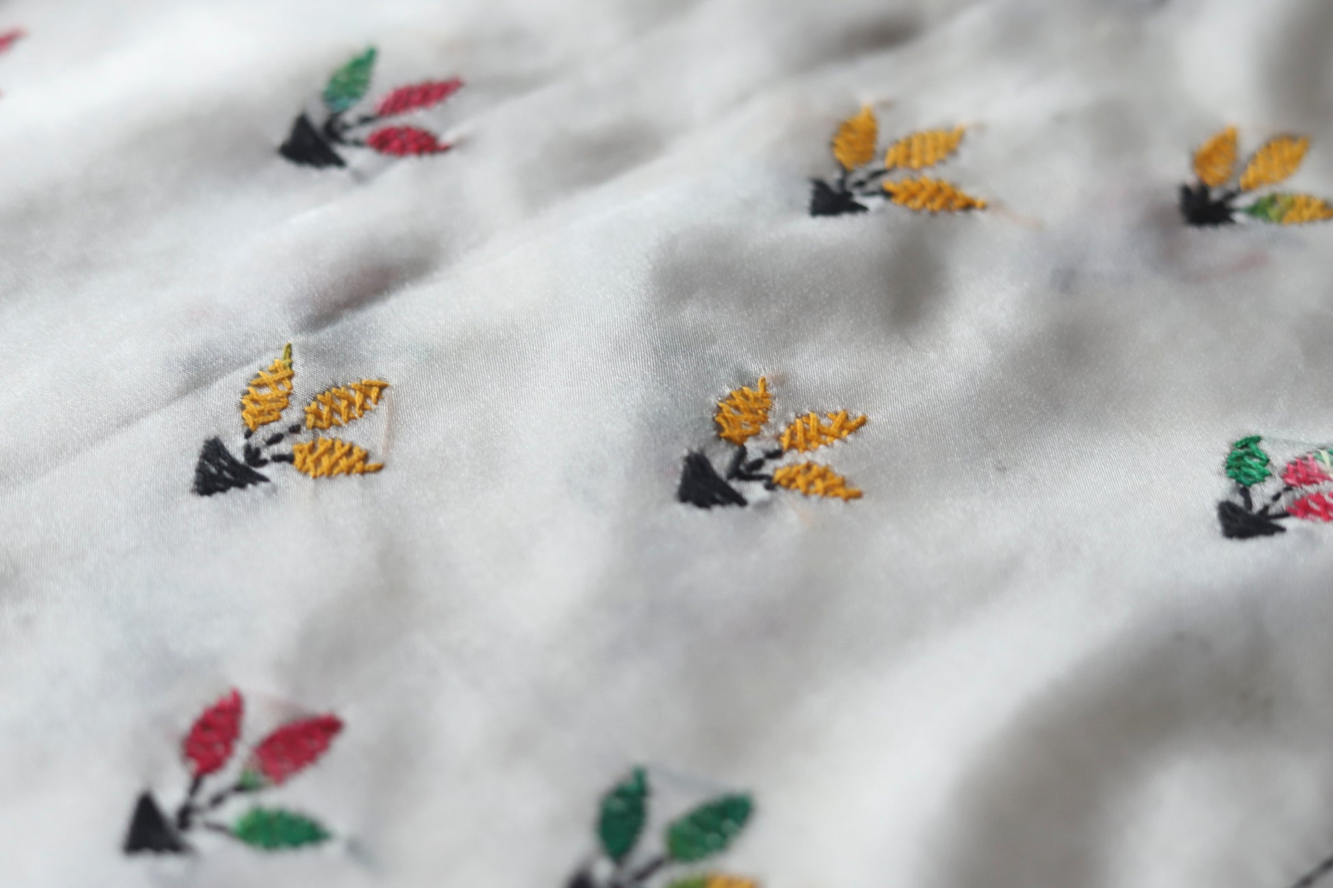 Close-up of kantha embroidered saree  with colorful patterns on a white background