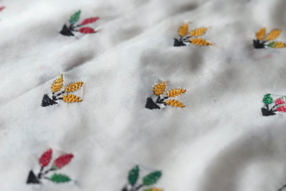 Close-up of kantha embroidered saree  with colorful patterns on a white background