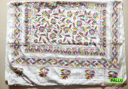 Colorful embroidered kantha saree with floral patterns on a white background, labeled 'PALLU'.