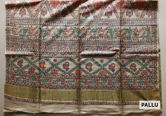 Calcutta Hand-Painted Kohbar Tussar Silk Saree in Olive green colour and muticolour pattern| BONGONIKETAN