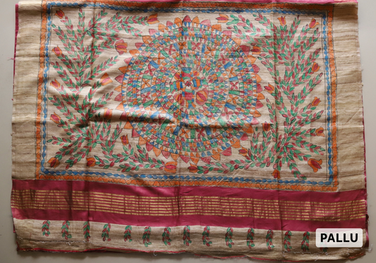 Calcutta Hand-Painted Kohbar Tussar Silk Saree in Ruby pink colour and muticolour pattern| BONGONIKETAN