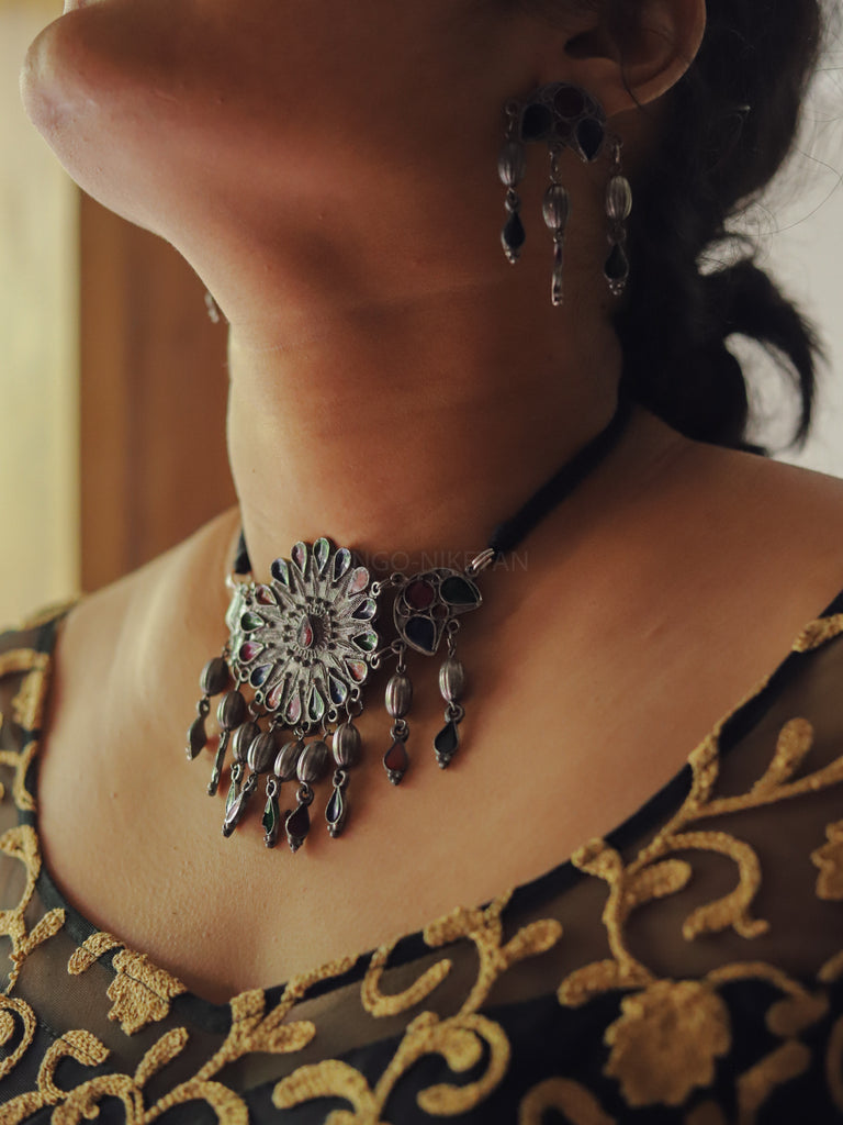 Shining Diva Oxidised Silver-Plated & Black Jewellery Set - Absolutely Desi