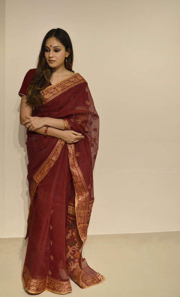 Buy Cotton Red Handwoven jamdani Saree | Happiness in Red